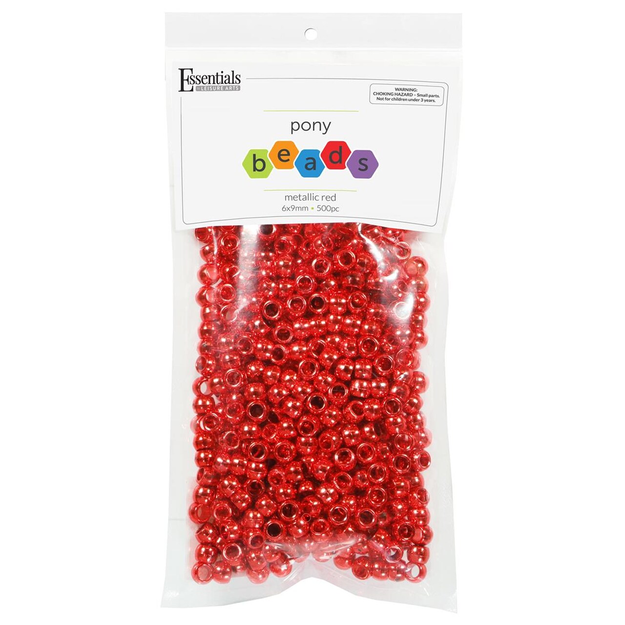 Essentials by Leisure Arts Pony Bead 6mm x 9mm Metallic Red Opaque Plastic Pony Beads Bulk 500 pieces for Arts, Crafts, Bracelet, Necklace, Jewelry Making, Earring, Hair Braiding